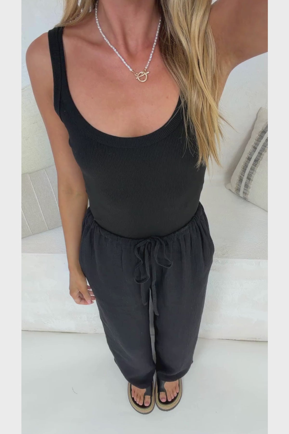 Zafira Pants - High Waisted Cheesecloth Pants with Waist Tie in Black