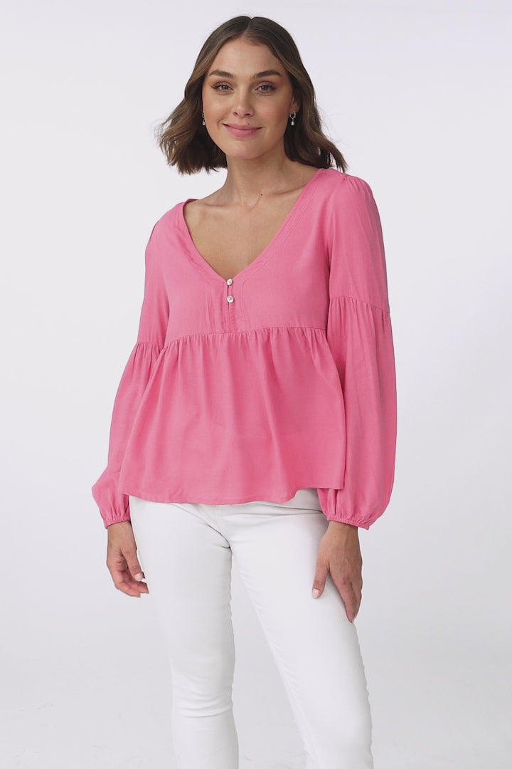 Grace Top - V-Neck Button Decal Long Sleeve Smock Top in Pink