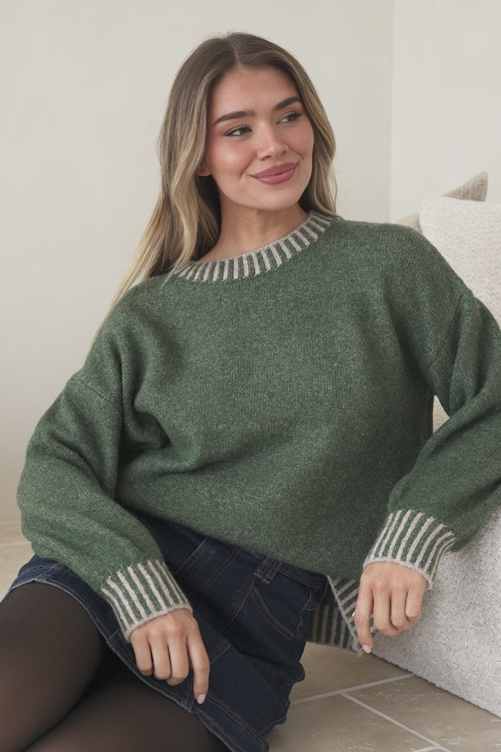 Aura Jumper - Crew Neck Jumper with Contrast Stripe Trim in Dark Green