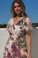 Payton Maxi Dress - Pleat Detailed A-Line Dress with Cap Flutter Sleeves in Leonor Print