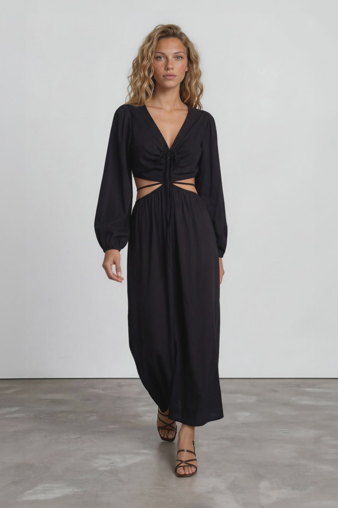 Mackenzie Maxi Dress - Deep V Neckline Dress With Cut Out Waist Detail in Black