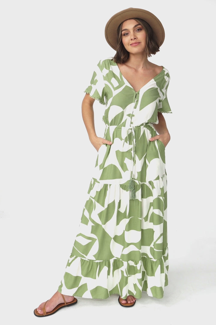 Derla Maxi Dress - V Neck A Line Dress with Tassel Pull Tie Wasit in Azira Print Kiwi