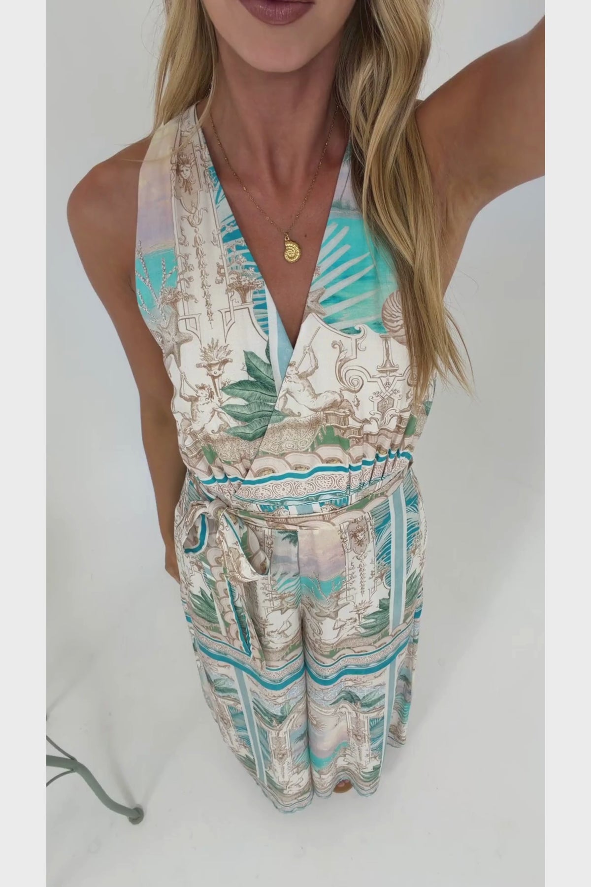 Lira Jumpsuit - V-Neck Wide Leg Pant Jumpsuit with Belt in Domitia Print