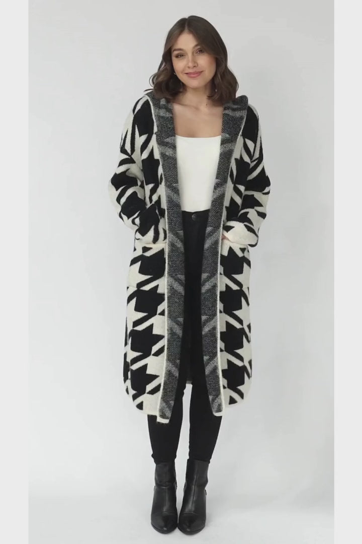 Celie Cardigan - Long Line Open Hooded Graphic Cardigan in Black