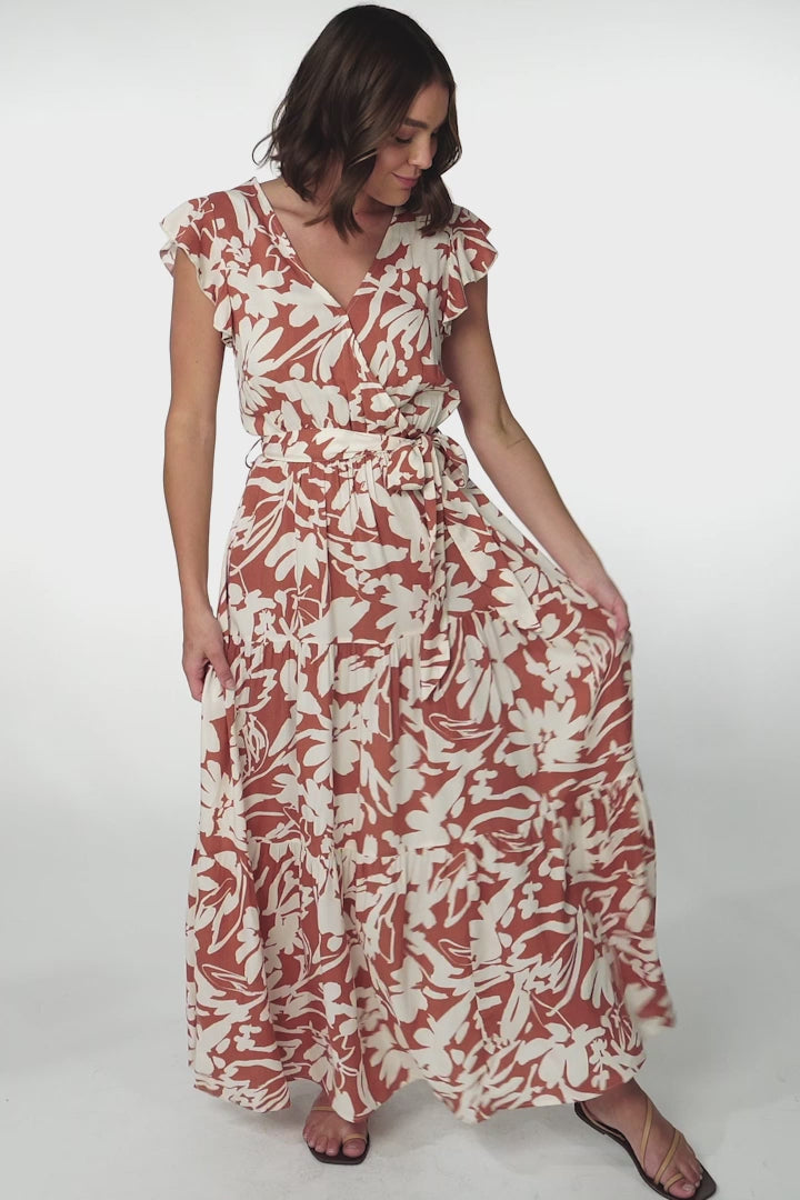 Tori Maxi Dress: Cross Over Bodice Dress with Flutter Sleeves and Matching Waist Tie in Charis Print Rust
