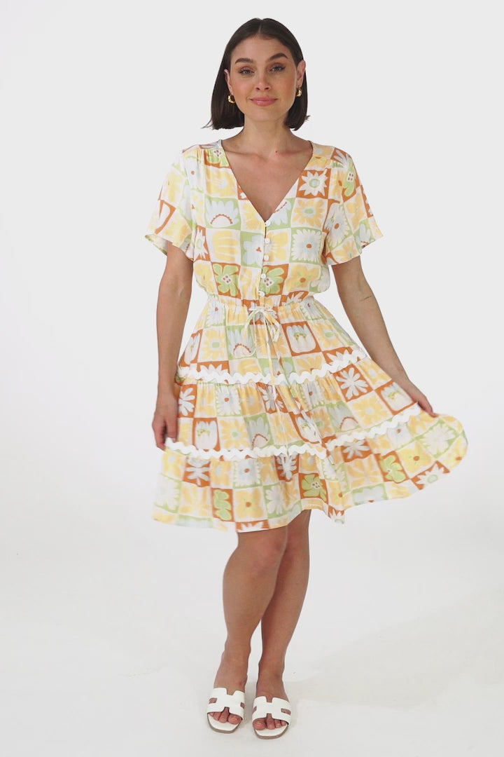 Anica Mini Dress - A Line Tie Waist Dress with Rick Rack Splicing in Nissa Print Yellow