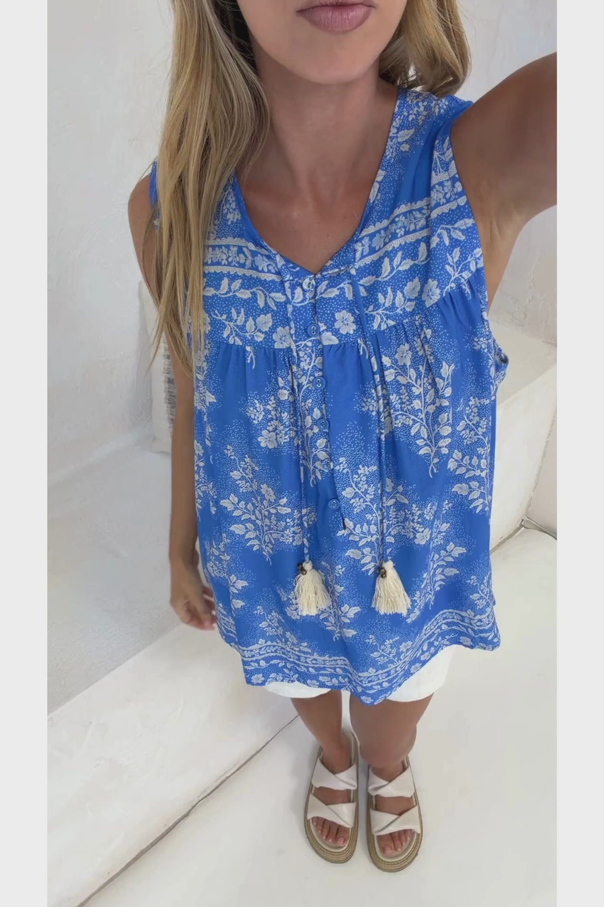 Kalari Top - Sleeveless Mandarin Collar with Tassel & Bells Neck Tie in Bridgette Print