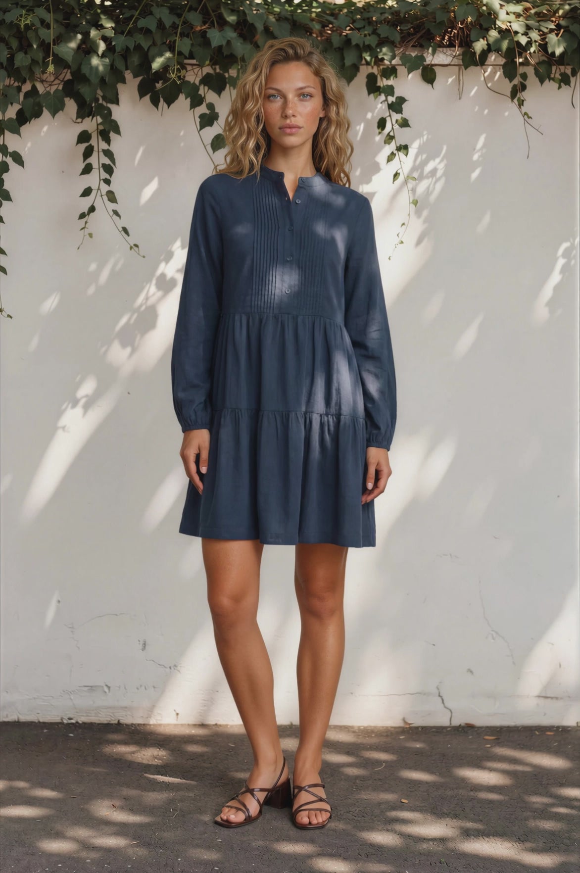 Eliza Mini Dress - Mandarin Collar Dress with Pintuck Front Detailing in Navy