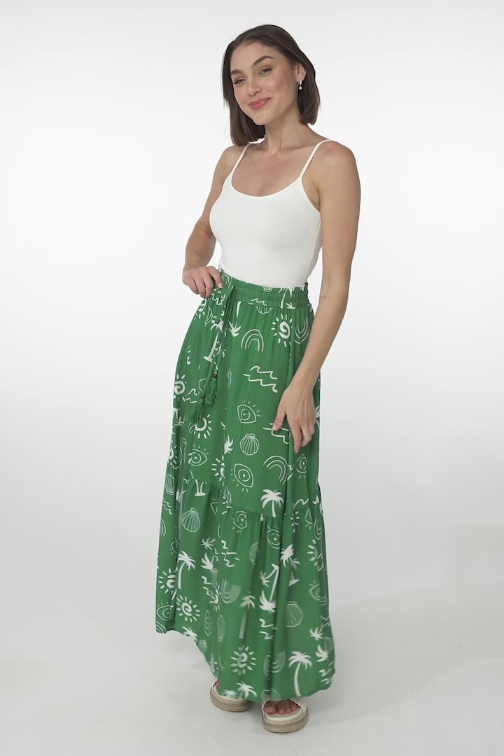 Hellen Maxi Skirt - High Waisted Skirt with Front Splits in Maui Print Green