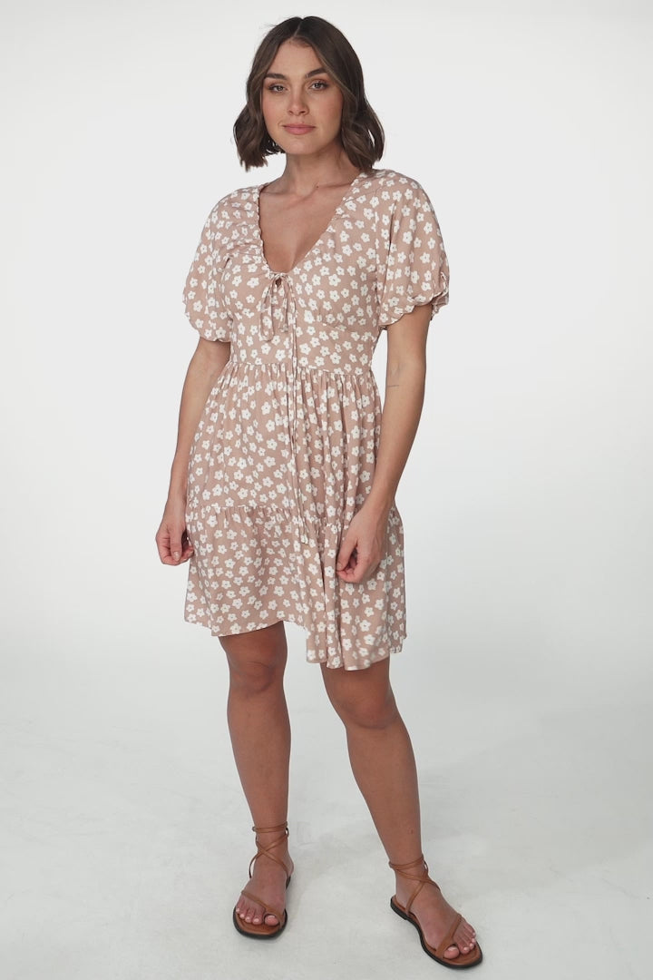 Lilly Mini Dress - Adjustable V Neckline Dress with Cap Sleeves in Gellina Print Fawn