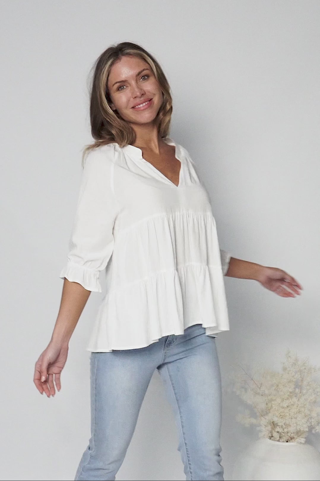 Greta Top - Mandarin Collar Smock Top in White