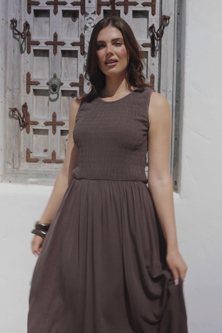 Adrian Midi Dress - Sleeveless Shirred Bodice A-Line Dress in Chocolate