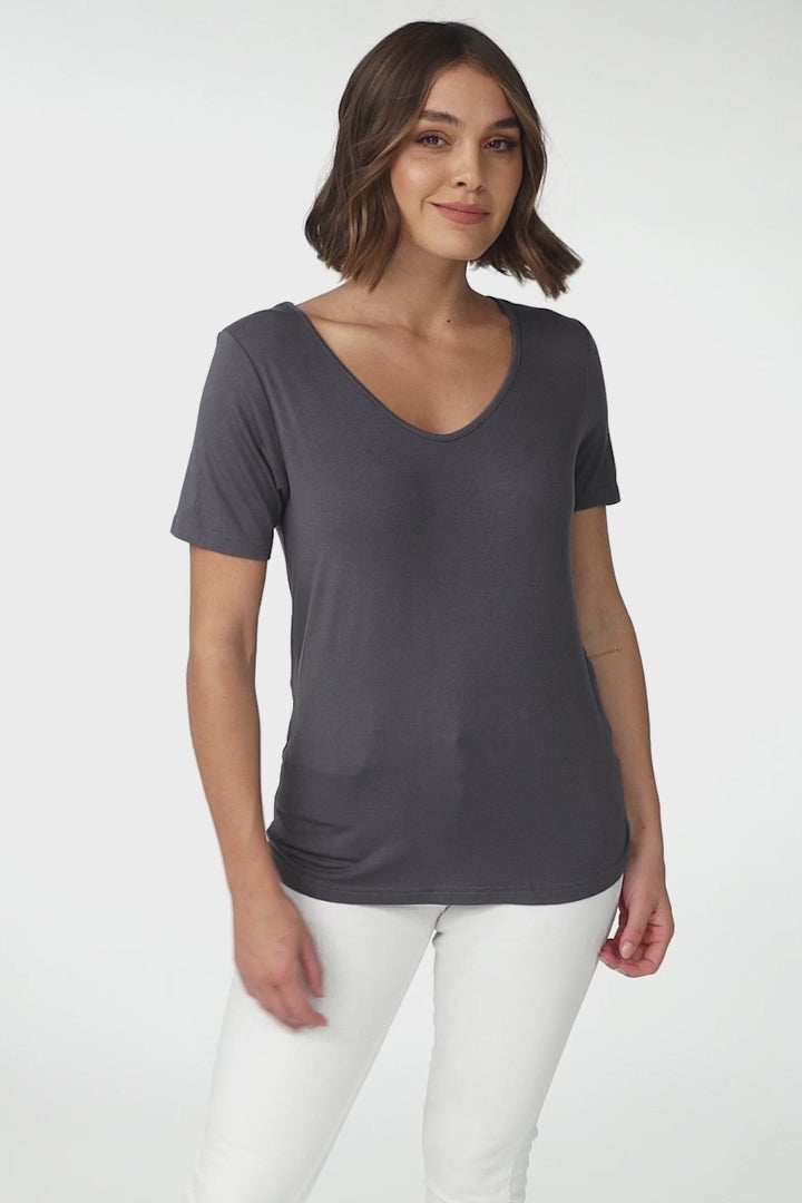 Mia T-Shirt - Soft V Neck Stretchy Tee in Grey