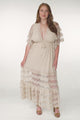 JAASE - Bungalow Maxi Dress: Embroidered Lace Deep V Neck Dress with Open Batwing Sleeves in Sand