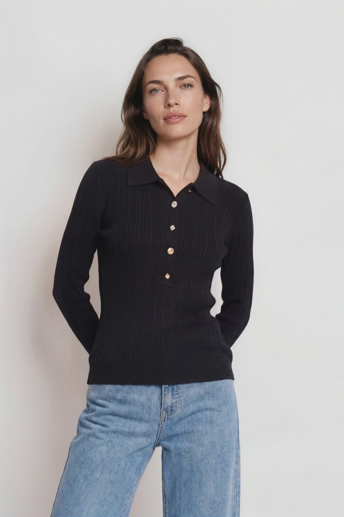 Alexander Knit Top - Ribbed Knit Top with long fitted Sleeves Black