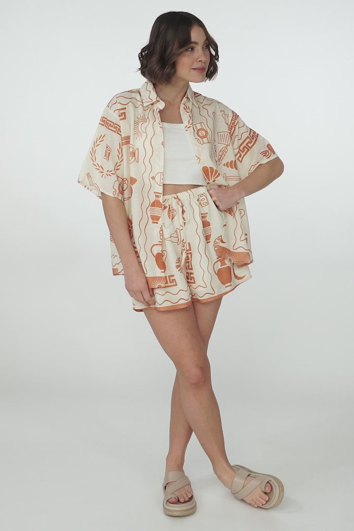 Mirian Button Up Shirt And Shorts Set - Piper Print in Tan