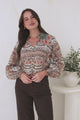 Adora Top - Mandarin Collar Button-Down with Long Balloon Sleeves in Carmine Print