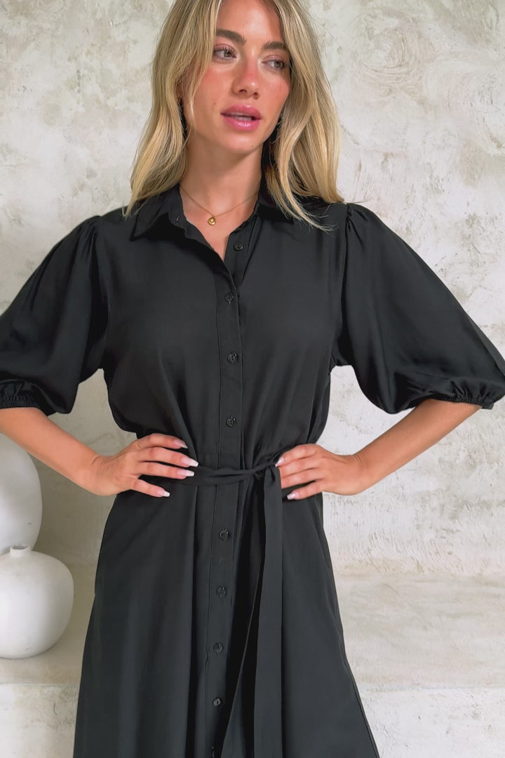 Bellini Midi Dress - Collared Shirt Dress with Waist Tie in Florence Print Black