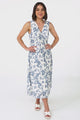 Simas Midi Dress - V-Neck Plisse Sleeveless Dress in Lauri Print Blue