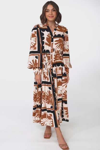 Starren Maxi Dress - Mandarin Collar Button Down Dress with Waist Tie in Zuni Print