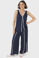 Danica Pants - High Waisted Relaxed Pant with Contrast Piping Details in Navy