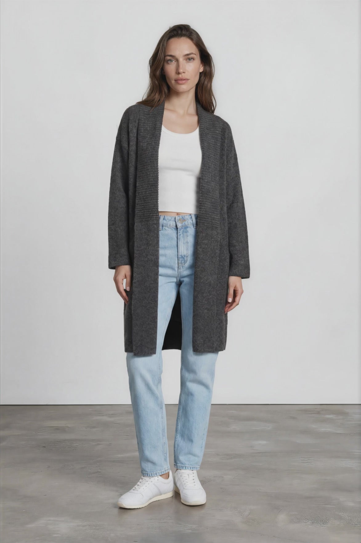 Oswin Cardigan - Open Front Ribbed Shawl Collar Knit with Pockets in Charcoal