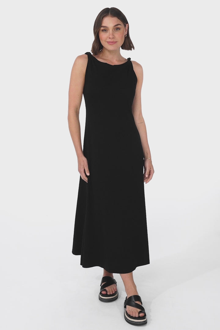 Rosalia Maxi Dress - Asymmetric Neckline Twist Sleeve A-Line Dress in Black