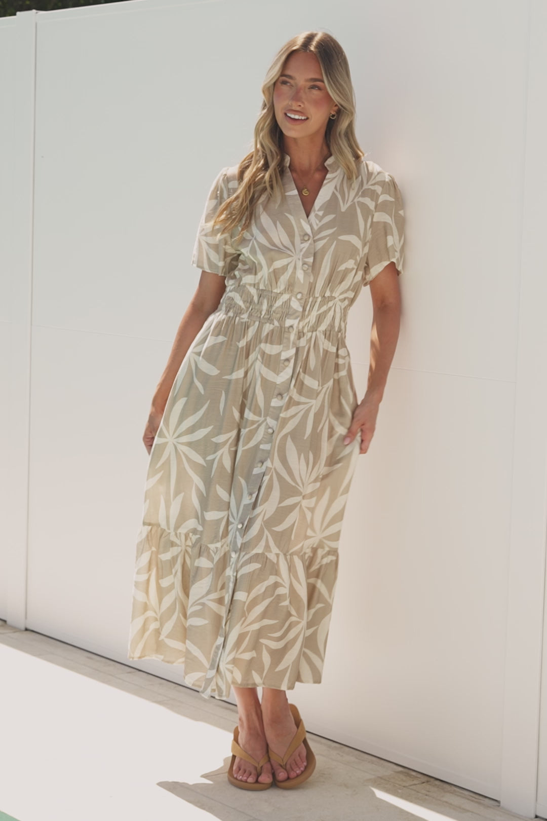 Paloma Midi Dress - Mandarin Split Collar A Line Button Down with Cap Sleeves in Gretchen Print