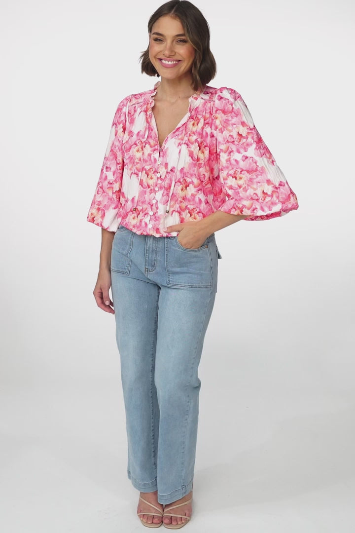 Moree Blouse - Frill Collar Neck Tie Button Down Shirt in Franc Print Pink