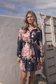 Anora Mini Dress - Collared Long Sleeve Dress with Pull Tie Waist in Vela Print Navy