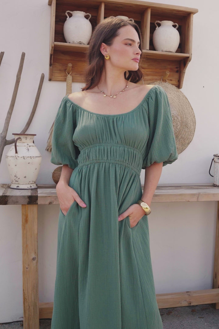 Teddie Maxi Dress - On or Off Shoulder Gathered Waist A-Line Dress in Emerald
