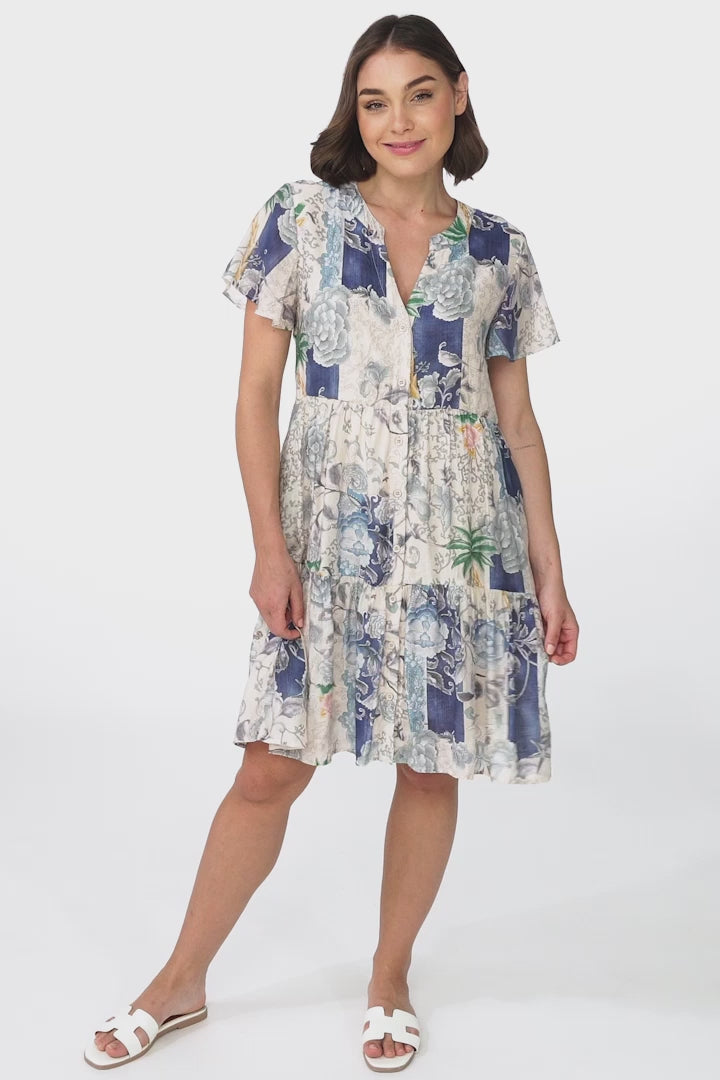 Wilma Mini Dress - Bermuda Collar Button Down Dress with Cap Sleeves in Irina Print Blue