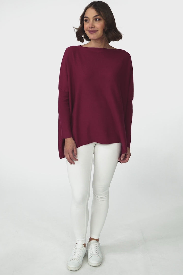 Belinda Knit Top - Boat Neckline Boxy Batwing Top in Burgundy