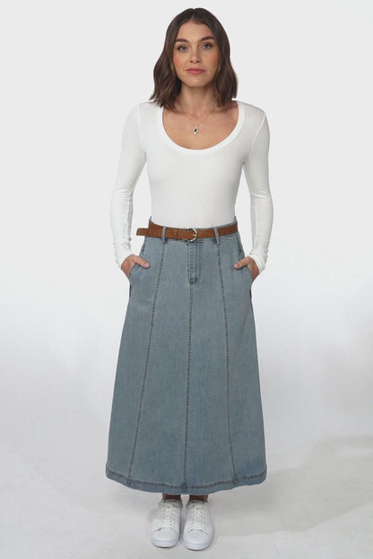 Delta Denim Midi Skirt - A Line Skirt with Contrast Stitching in Blue Denim