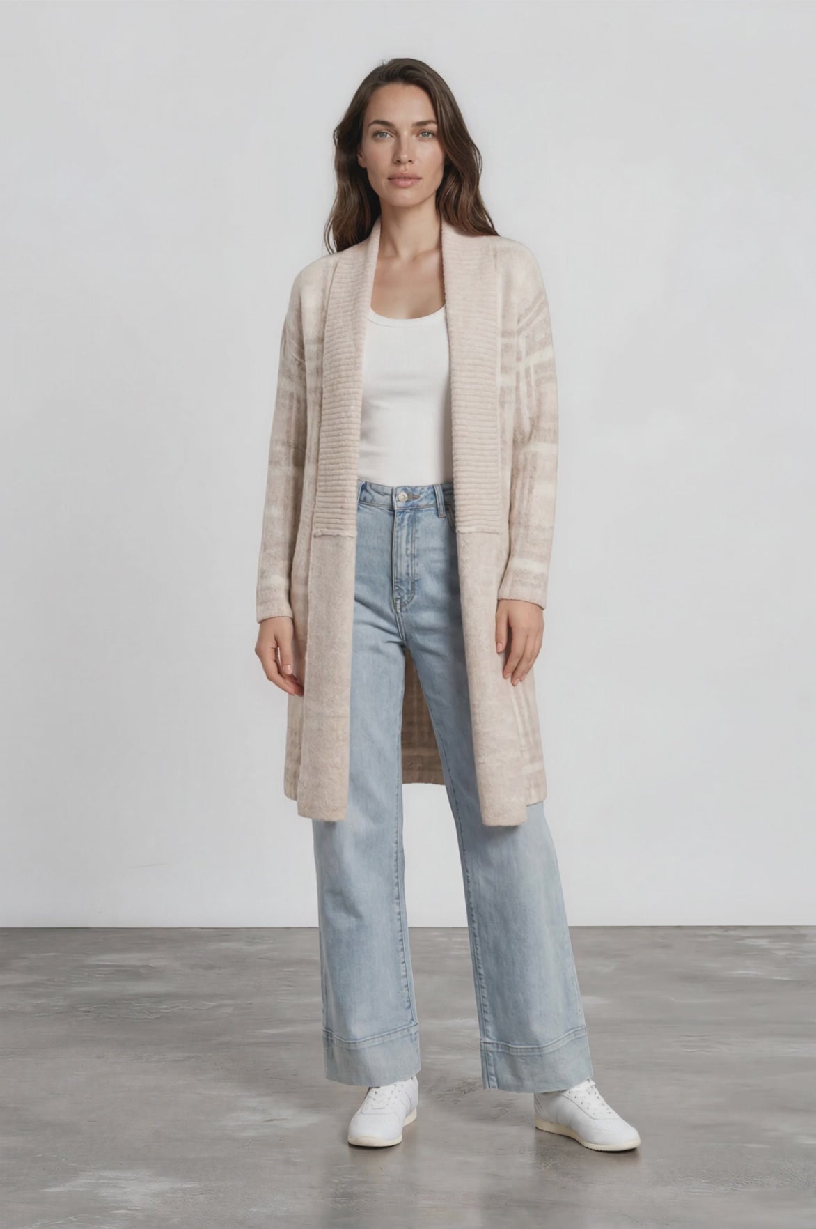 Darlington Cardigan - Ribbed Shawl Collar Checkered Knit with Pockets in Beige