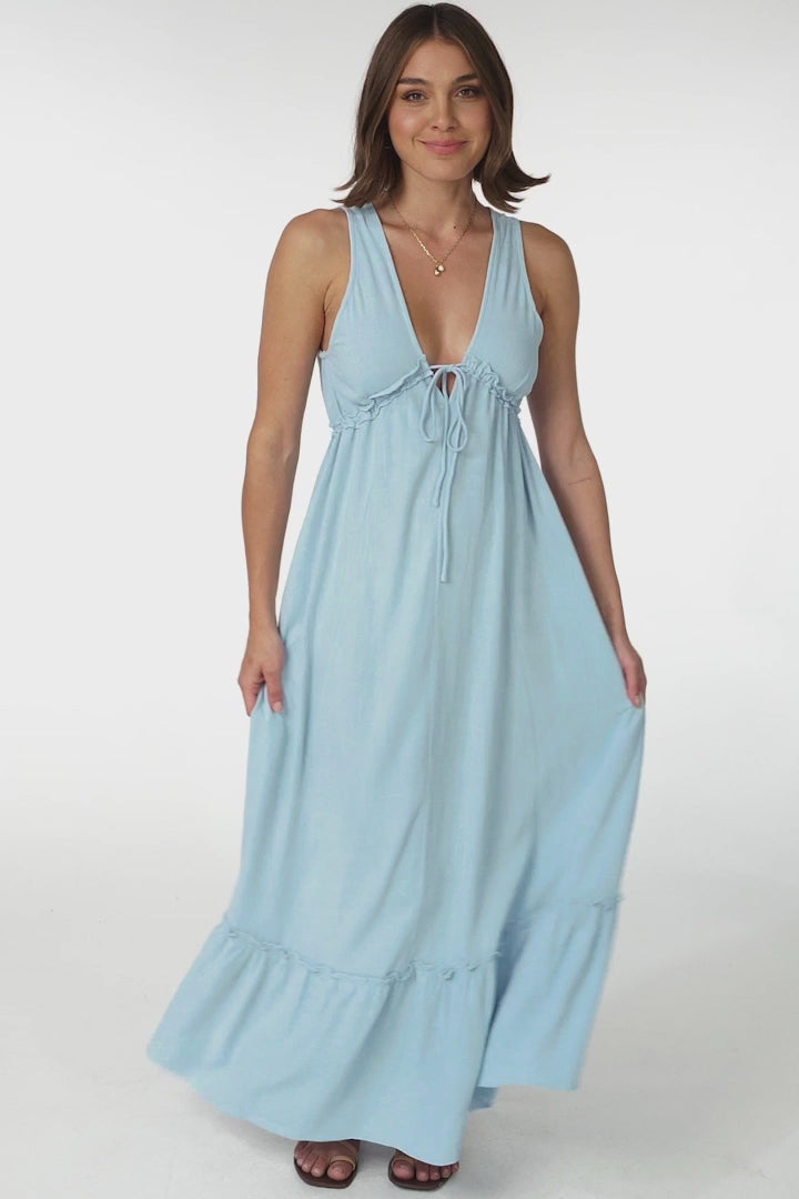 Scout Linen Maxi Dress - Thick Strap Adjustable Bust with Tie Linen Blend Sun Dress in Blue