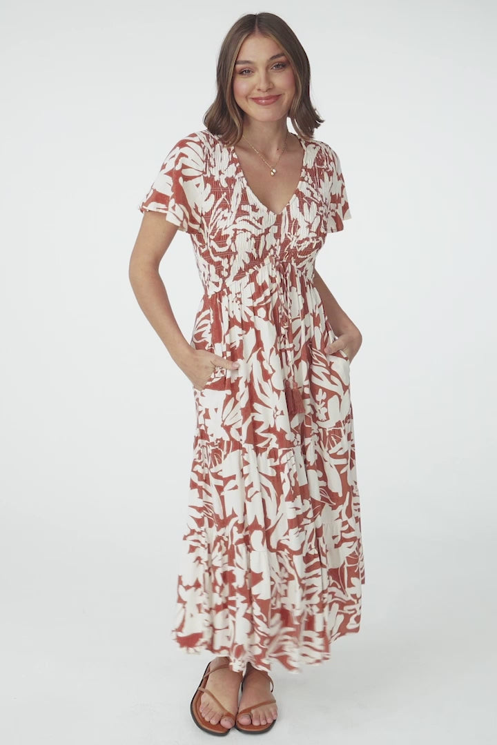 Amaya Midi Dress - Shirred Cap Sleeve A Line Dress in Charis Print Rust