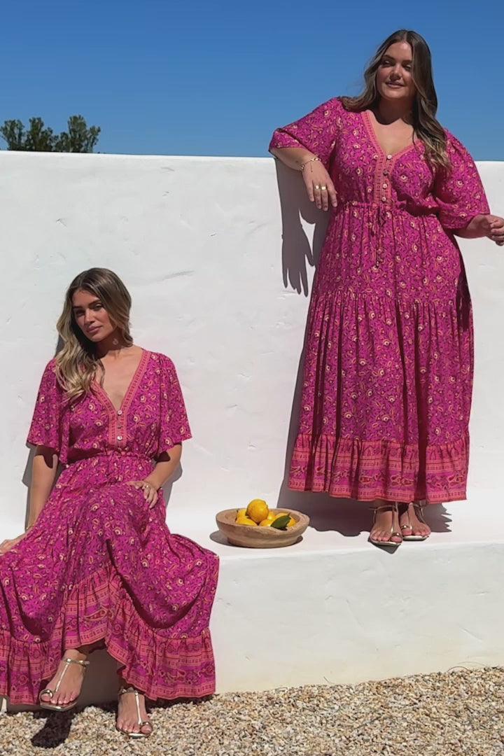 Tassia Maxi Dress - Buttoned Bodice Pull Tie Waist Dress in Quinne Print