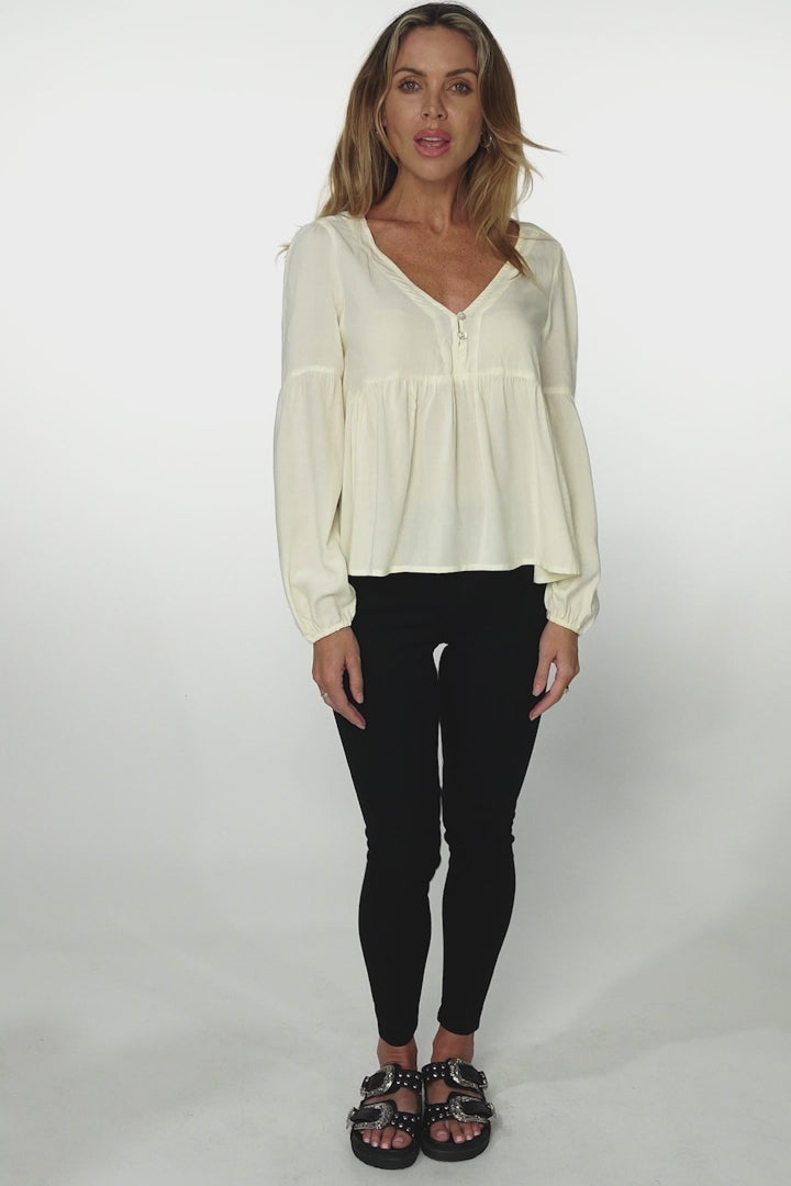 Grace Top - V-Neck Button Decal Long Sleeve Smock Top in Cream