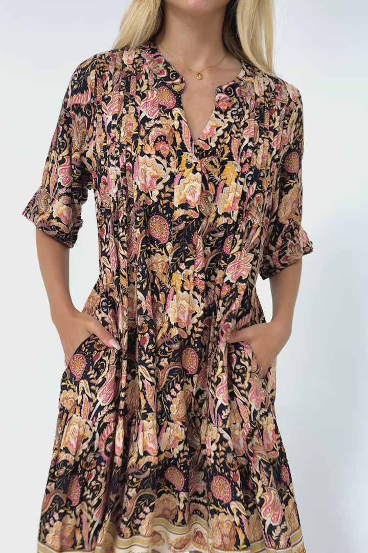 Evie Mini Dress - 3/4 Sleeve Tiered Smock Dress in Pree Print Black