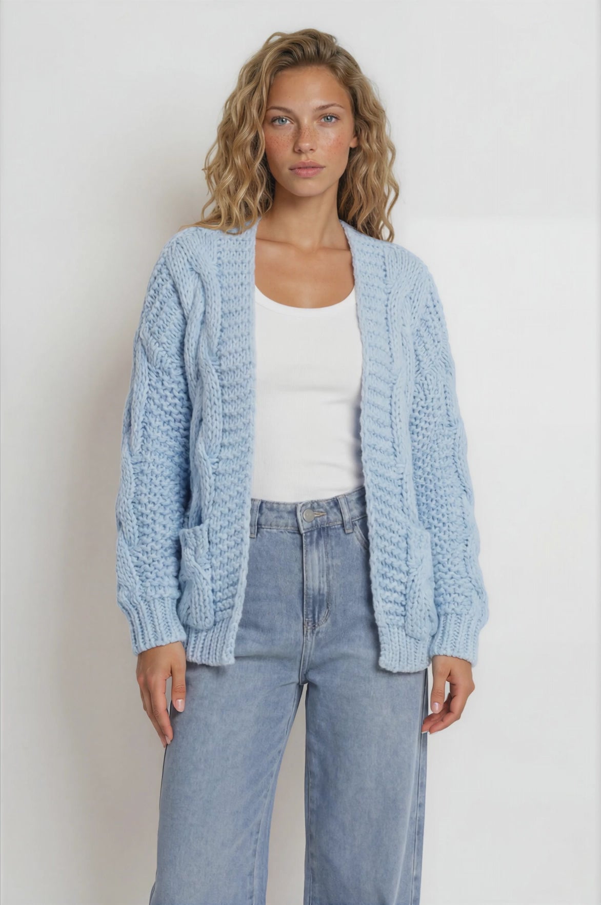 Elias Cardigan - Open Front Thick Cable Knit with Pockets in Blue