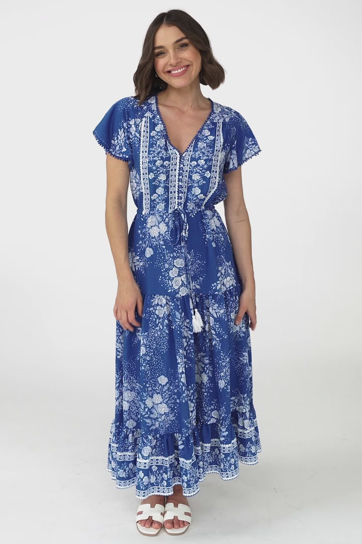 Ellise Maxi Dress - Crochet Trim V Neck Dress with Cap Sleeves in Briella Print