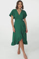 Carolina Midi Dress - V Neck Wrap Dress with Ruffle High Low Hemline in Emerald