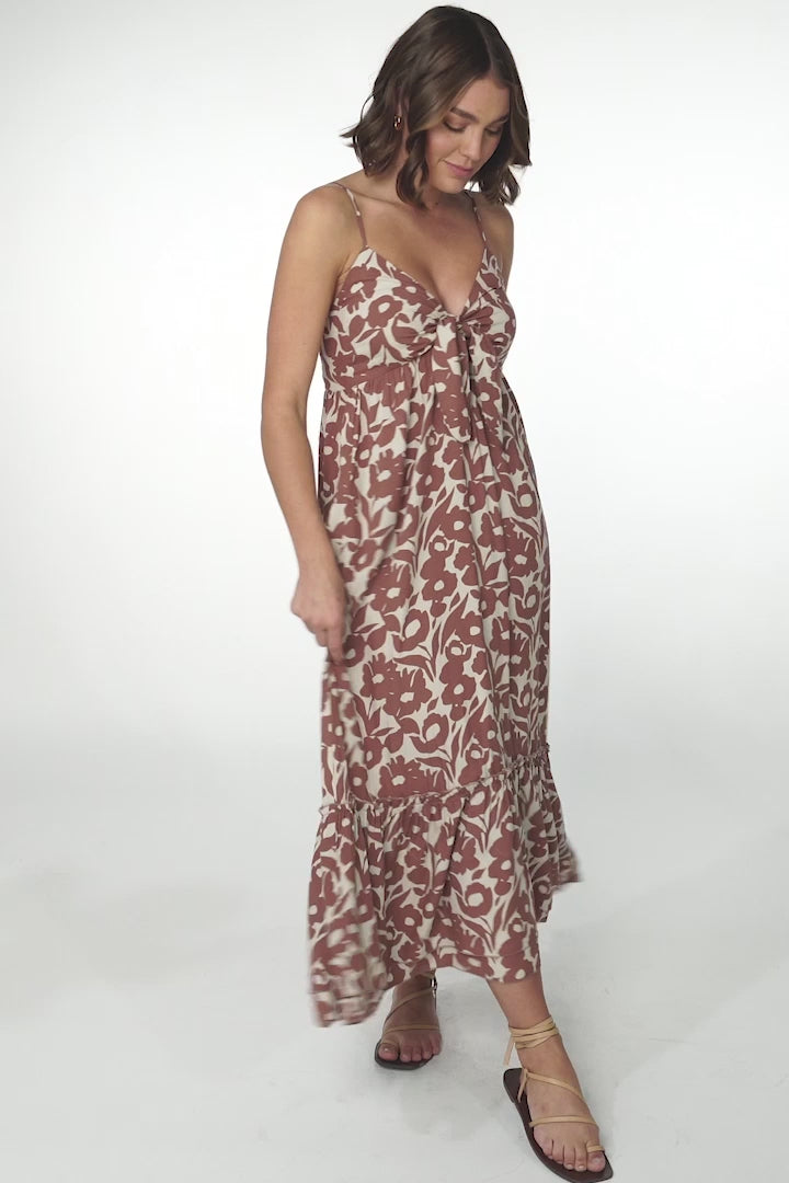 Fiby Midi Dress - Spaghetti Strap Sun Dress with Bow Bust Detail in Emma-Jade Print Brown