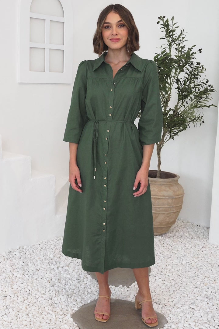 Waverly Midi Dress - Linen Button Down Dress in Green