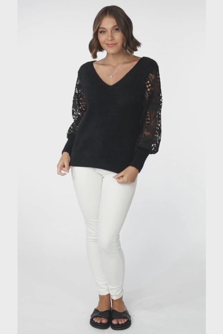 Romina Jumper - V Neck Lace Sleeve Jumper in Black