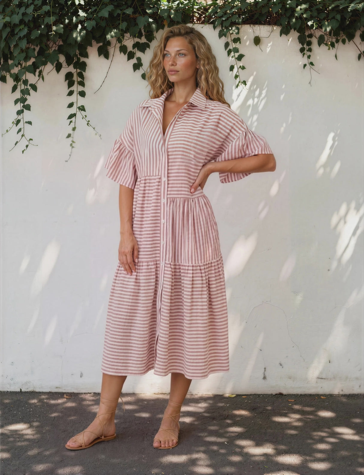 Mavis Midi Dress - V-Neckline Dress with Folded Collar in Rust Stripe