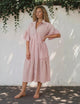 Mavis Midi Dress - V-Neckline Dress with Folded Collar in Rust Stripe