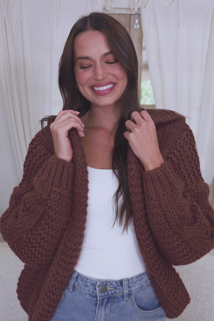 Maple Knit - Chunky Cable Knit Hooded Crop Cardigan in Coffee