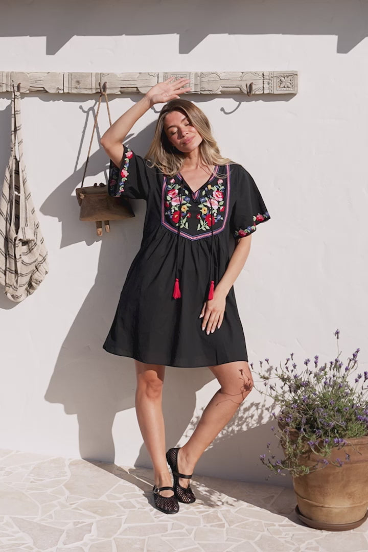Azalea 1/2 Sleeve Mini Dress - Floral Embroidered Motif Shift Dress in Black